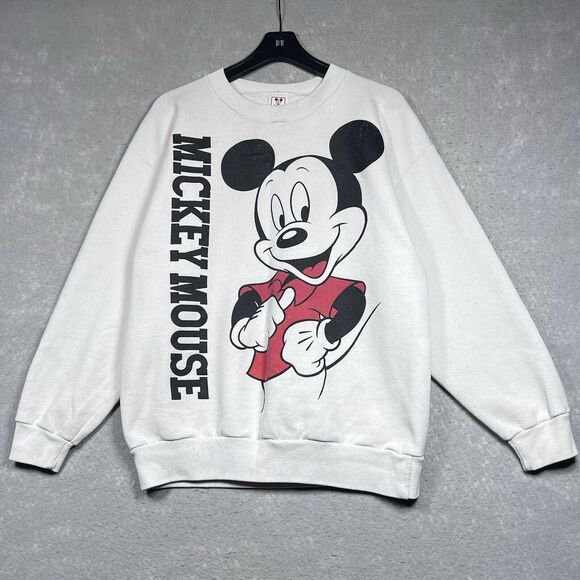 80s Vintage DISNEY Mickey Mouse Sweatshirt Large White Jumper Character Fashions - Picture 1 of 13